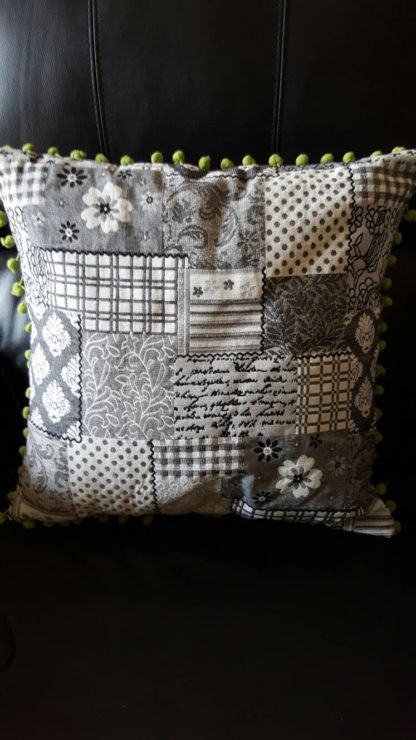Cushion Cover, grey, black white. Floral , pompom trim