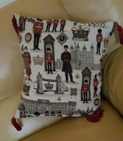 Cushion cover, with tassles England, British,  beefeater, buckingham palace, guards, royal, horses. Tower bridge